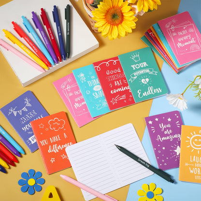Funrous 32 Pcs Motivational Quote Pens Inspirational Notepads Mini Journal with Ballpoint Pen Small Notebooks Gift for Men Women Coworker Adult Party Favors Prize Teacher Student Office(Minimalistic)