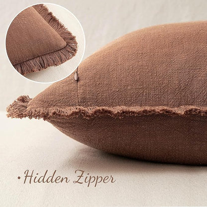 MIULEE Decorative Throw Pillow Covers Neutral Linen Fringe Throw Pillows Set of 2 Brick Boho Farmhouse Cushion Covers with Tassels for Couch Sofa Bed Living Room Spring Home Decor 20x20 Inch