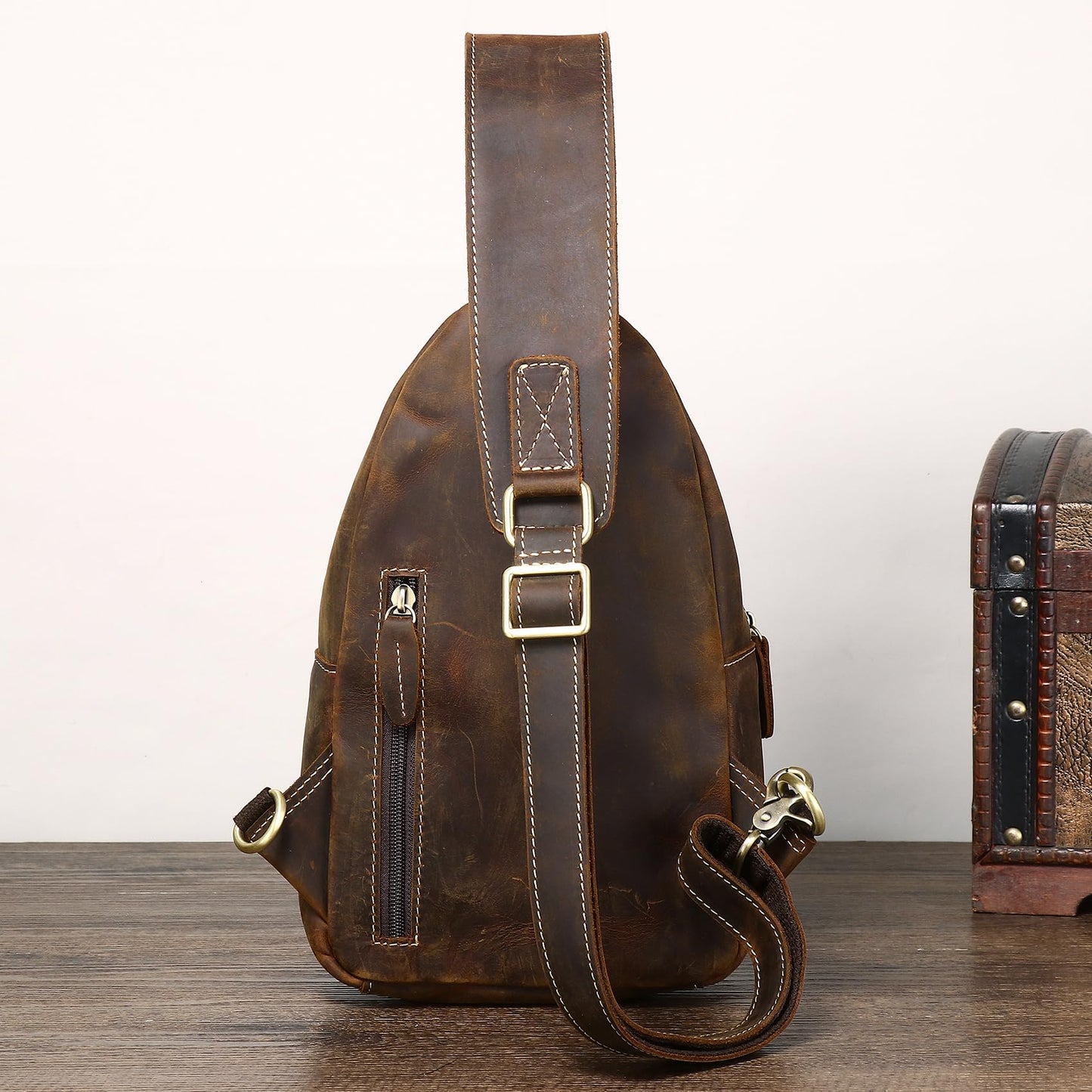 Vintage Full Grain Genuine Leather Sling Bag Men Women Crossbody Chest Shoulder Backpack Daypack Travel Hiking Deep Brown