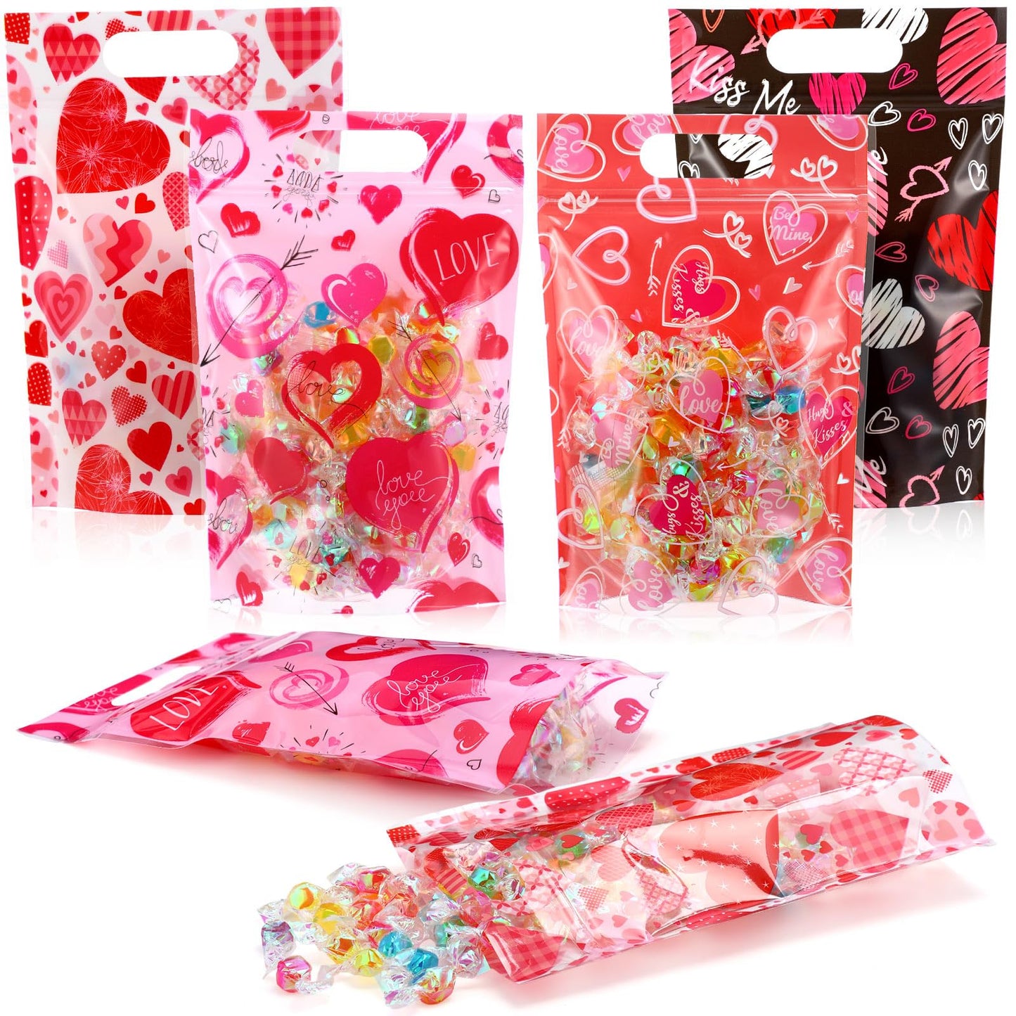 Pasimy 60 Pcs Valentine's Day Sealing Candy Bags with Zipper Love Heart Treat Goodie Bag Valentines Sealing Pouches with Handles Plastic for Valentines Party Favor Classroom Exchange Prizes Supplies