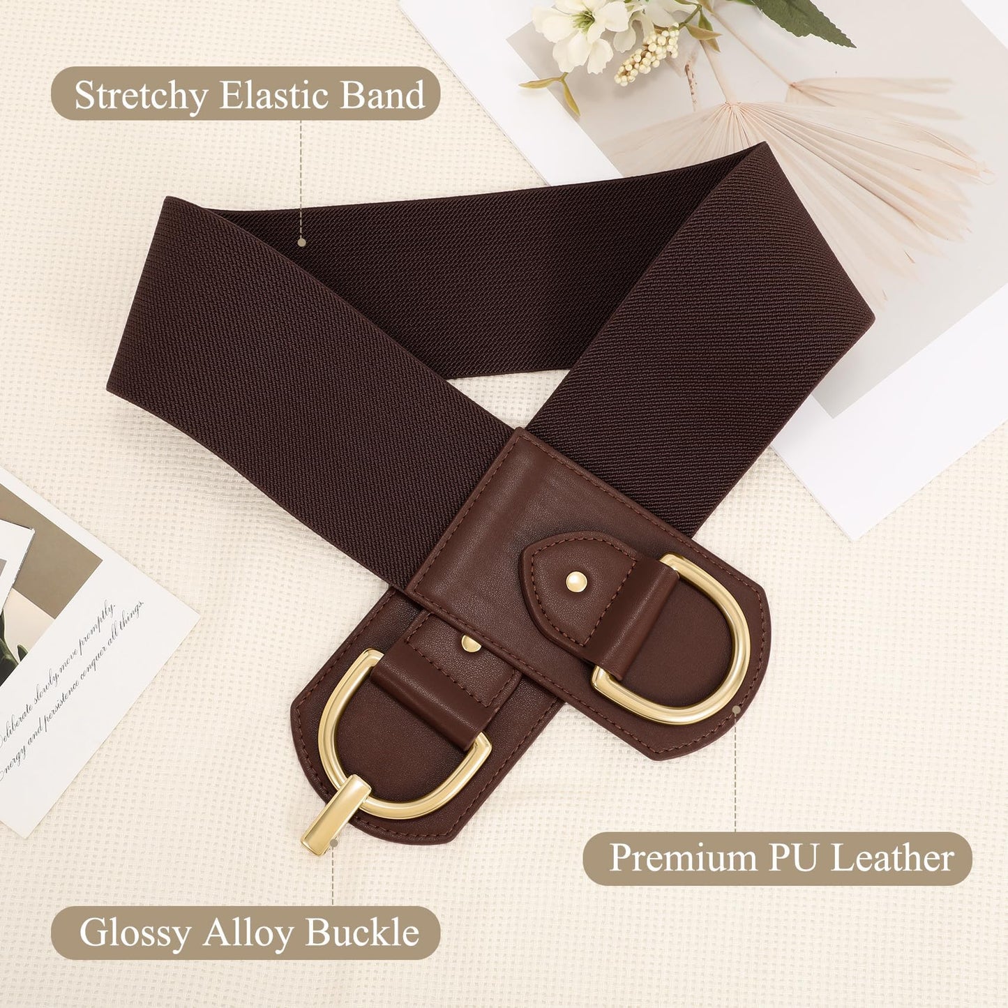 Wide Belts for Women Fashion Elastic Belt for Dresses Vintage Waist Belt Ladies Stretchy Belt Gold Buckle,Coffee 35"