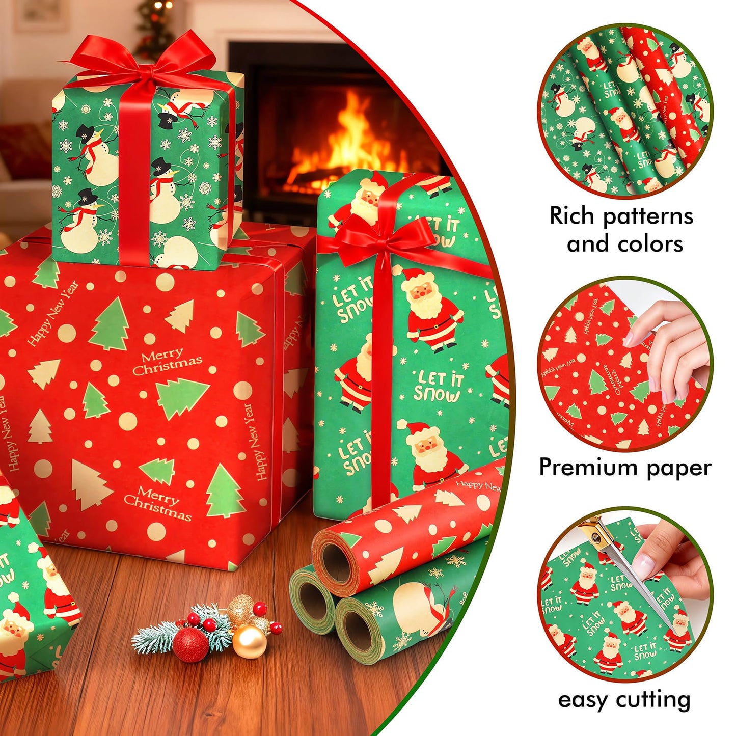 ENFANTRY Christmas Wrapping paper Rolls,3 Rolls Red and Green Xmas Wrapping Paper, Gift Wrapping Paper Christmas Bundle,Xmas tree Santa for Chrimas, Birthday, New Year, Valentines, Wedding, Holiday Deco, DIY