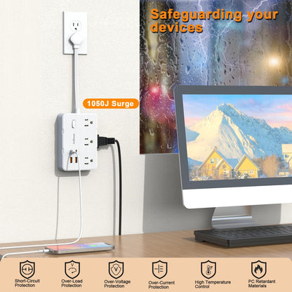 Flat Plug Power Strip Surge Protector, 5ft Ultra Thin Extension Cord with 4 USB Wall Charger(2 USB C Port), 6 Widely-Spaced Outlets Power Strip Compact for Travel, Office, Dorm Room Essentials (White)