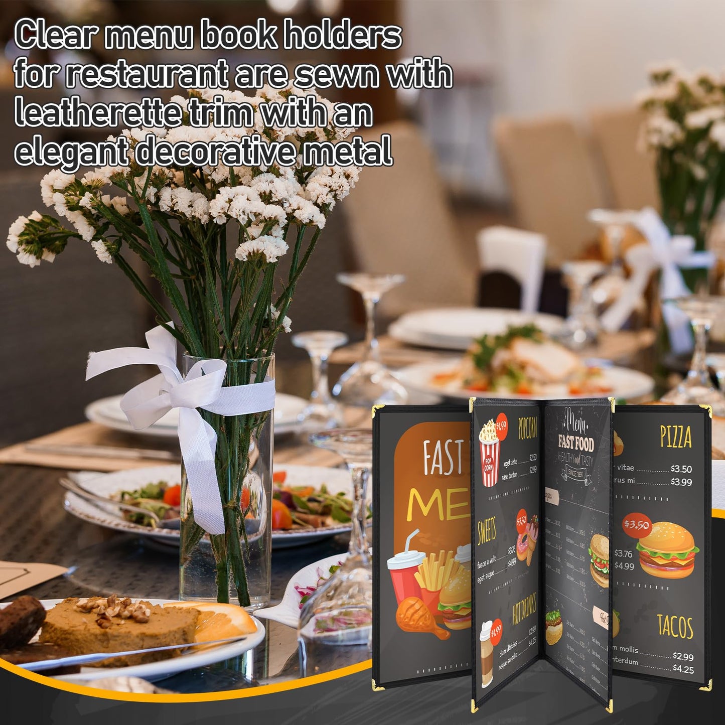 Cinnvoice 24 Pcs Restaurant Menu Covers 8.5 x 11 Inch Book Style 4 Page 8 View PVC Transparent Restaurant Menu Holder Book for Cafe Bar Hotel, Black