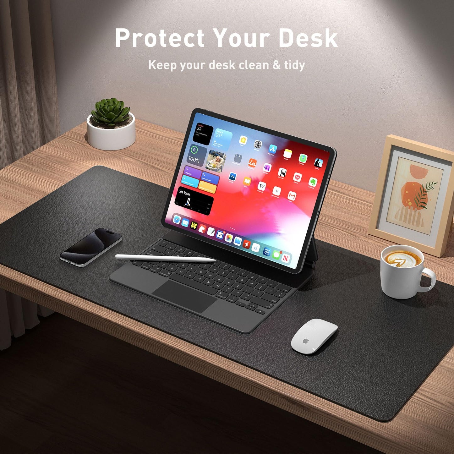 Aothia Leather Desk Pad Protector, Mouse Pad, Office Desk Mat, Non-Slip PU Leather Desk Blotter, Laptop Desk Pad, Waterproof Desk Writing Pad for Office and Home (48"x17", Black)