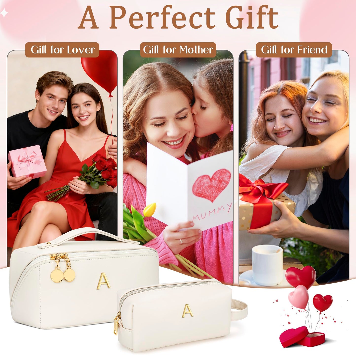 KKXIU Initial Makeup Bag for Women - Personalized Makeup Bag Gifts for Women, Travel Toiletry Bag with PU Leather, Open Flat Design with Top Handle, Cosmetic Bag Set with Multi-Pocket (Beige,A)