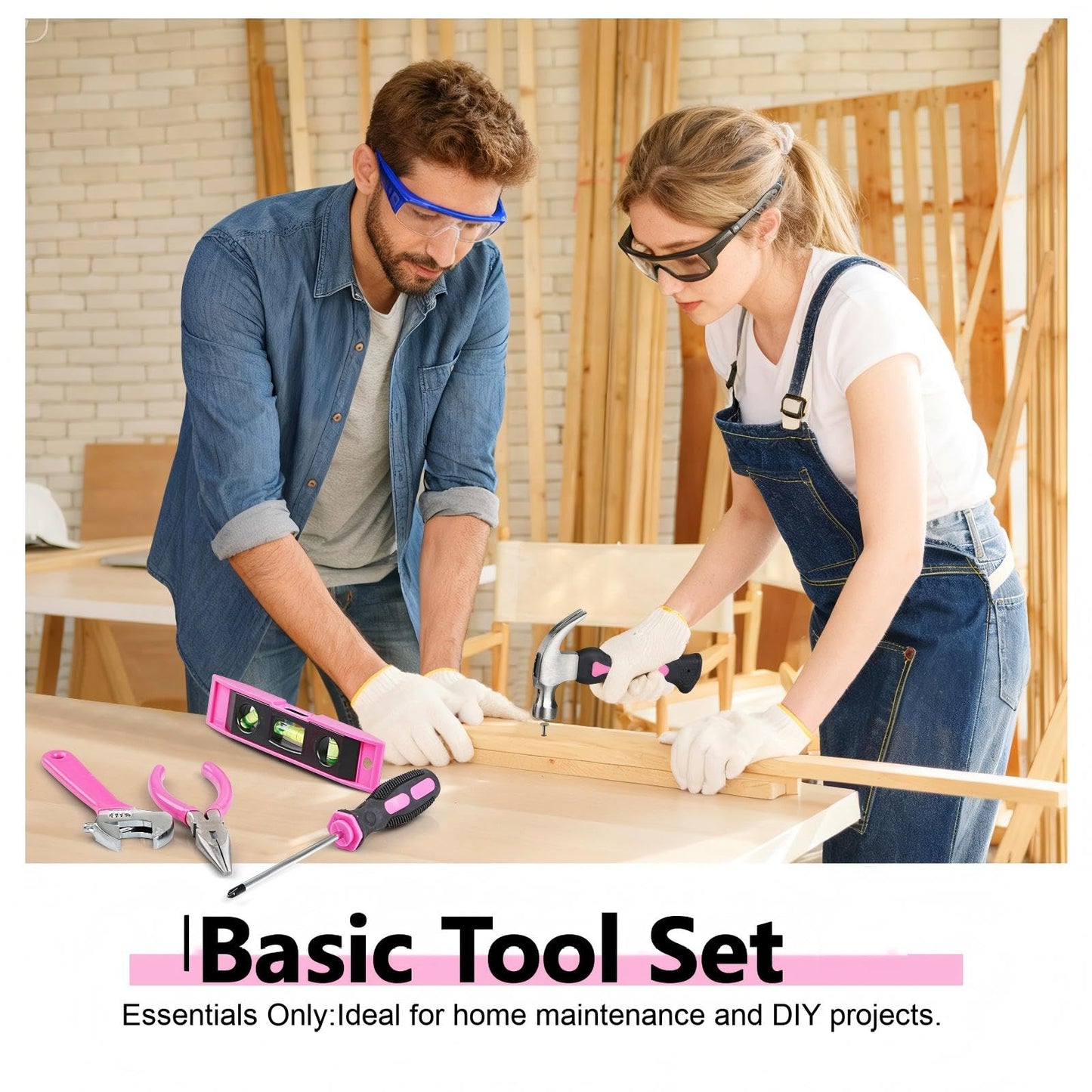 Pink Tool Set,Tool Bag for Women with Shoulder Strap,Basic Tool Kit,21Pcs,Tool Pouch with Zipper,Portable Tool Bag with Tools for Home|Dorm|Office|DIY|Desk|Apartment