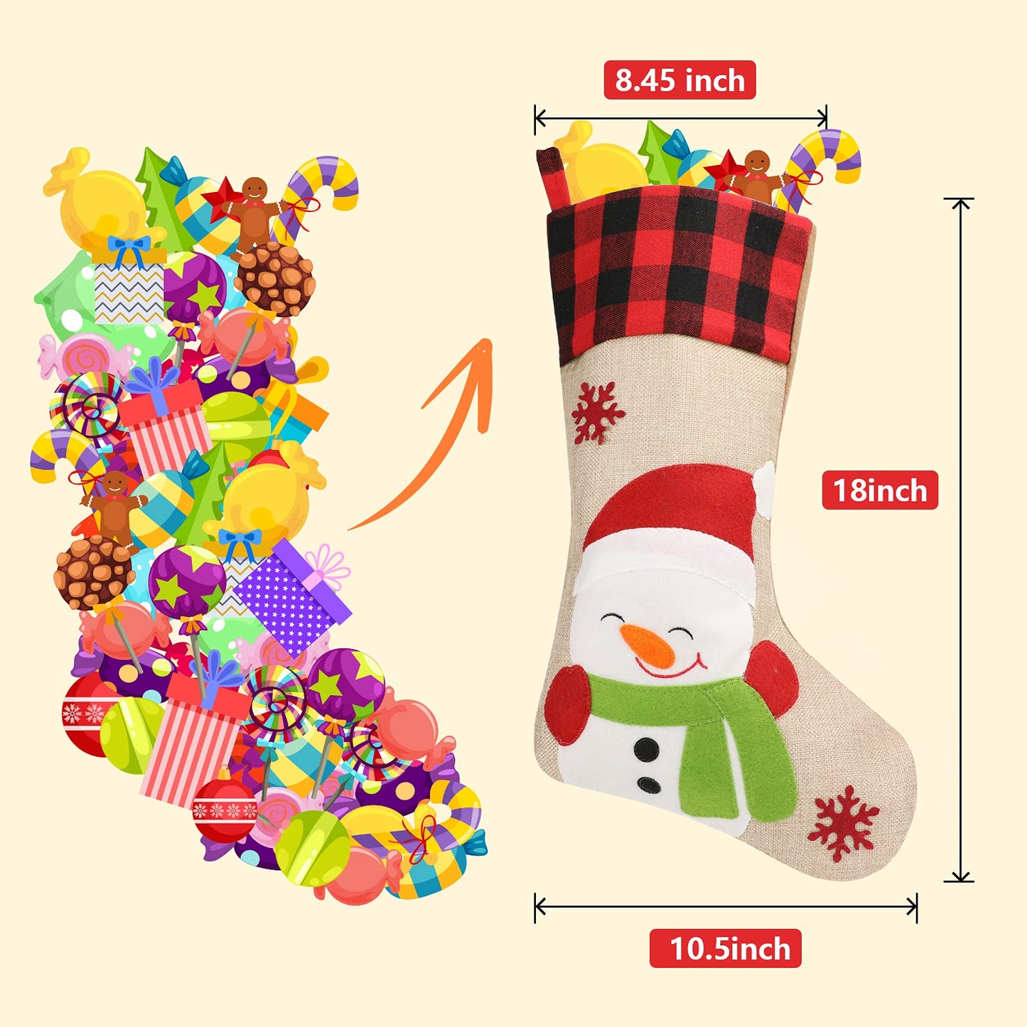 Christmas Stockings 5 Pack, 18'' Large Christmas Stockings with Santa Snowman Gnomes Pattern,Classic Buffalo Plaid Cuff,Xmas Ornaments for Family Stairs Fireplace Tree Hanging
