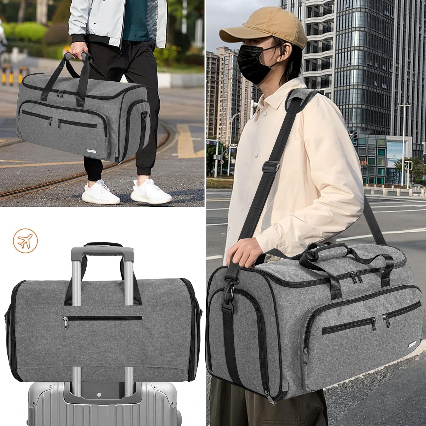 AKOZLIN Convertible Garment Bag for Travel 3 in 1 Carry On Garment Duffle Bag with Shoes Compartment Hanging Suitcase Suit Travel Storage Bags For Men Women Grey