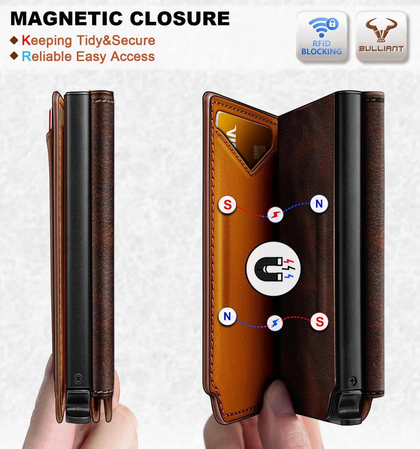 BULLIANT Men Wallet Leather Wallet Card Holders Money Clip for Men 10Cards-Magnetic Flip on Metal Case