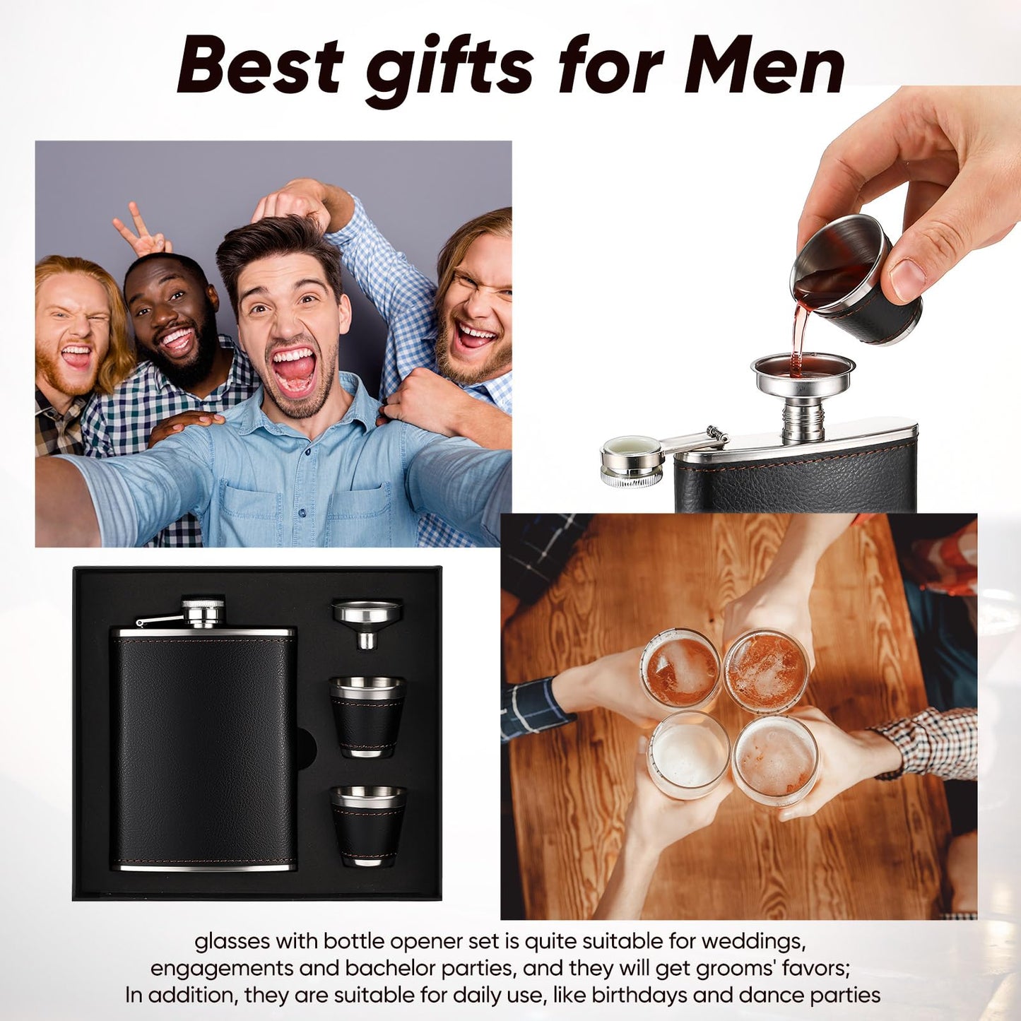 Domensi 6 Set Hip Flask Gift Set Flask for Liquor for Men with Black Leather Cover 8 oz Hip Flask Set 18/8 Stainless Steel Hip Flasks with 2 Cups & Funnel for Men Gift Box, Camping, Wedding Party