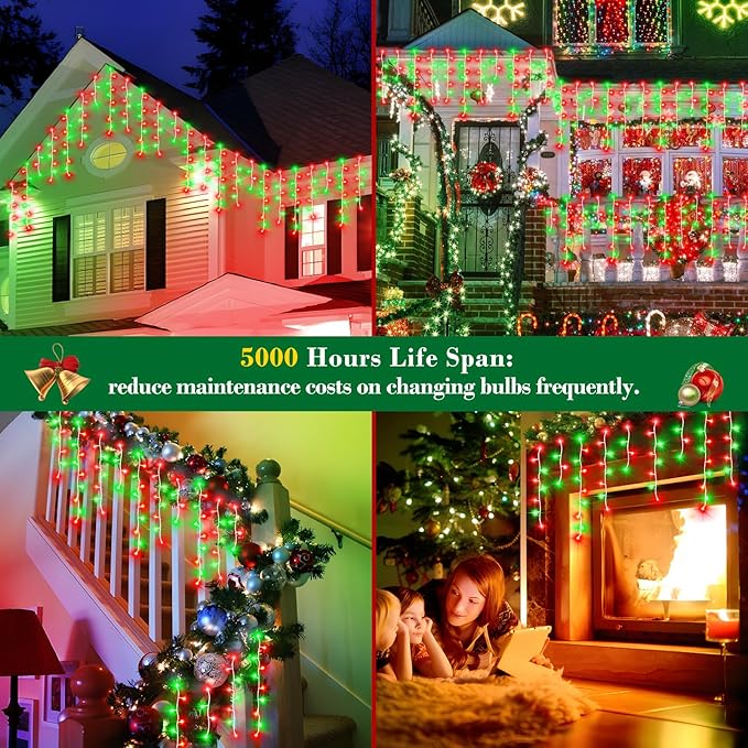 XURISEN 132ft Christmas Lights Decorations Outdoor, 1280 LED 8 Modes Fairy Lights with 240 Drops,Plug in Waterproof Timer Memory Function for Christmas Holiday Wedding Party Decorations(Red+Green)