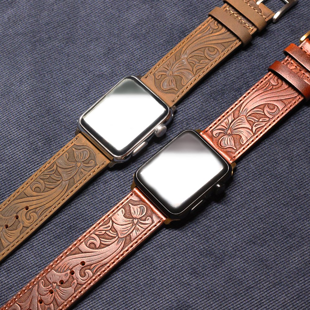 Deeplus for Apple Watch Band Leather 46mm 45mm 44mm 42mm, Handmade Carved Bump Genuine Leather Replacement Strap for iWatch Series 10 9 8 7 6 5 SE, Retro Brown