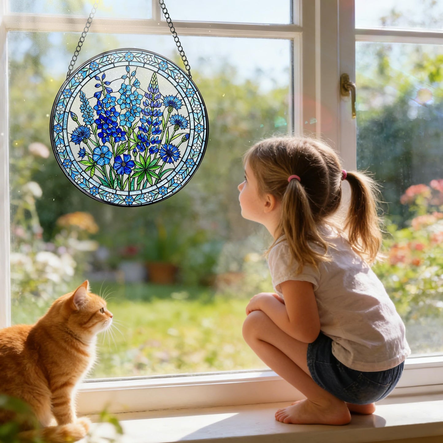 Botanical Stained Glass Window Hanging, 7.8 Inch Blue Wildflower Stained Glass Suncatcher, Sun Catchers Indoor Window Ornament, Suncatcher for Windows, Doors & Home Decor, Birthday Gift for Her
