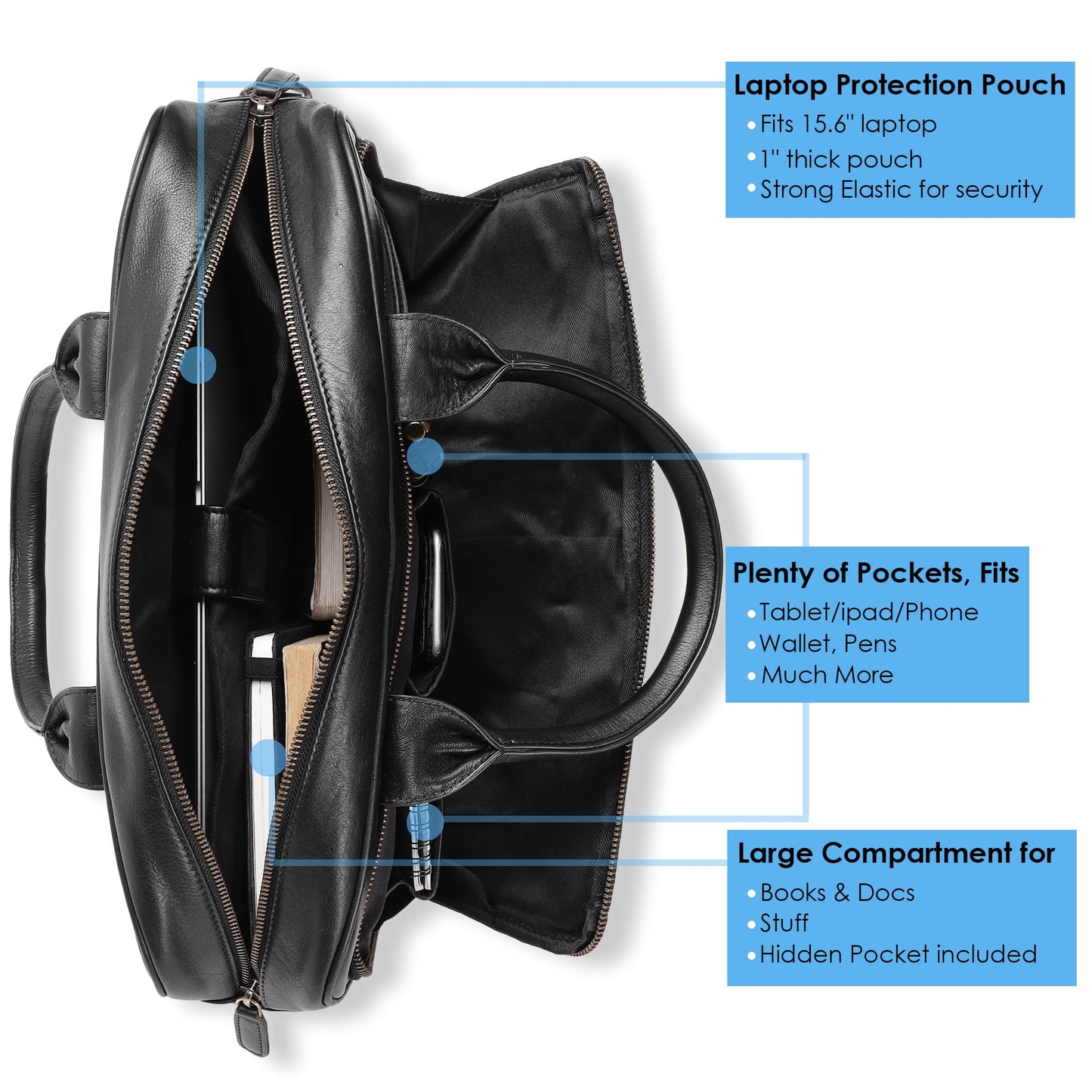 TRISKY Leather Laptop Bag For Men And Women - 16-inch Messenger Bag for Women Crossbody For Office Business Travel - Black Leather Briefcase for Men - Black