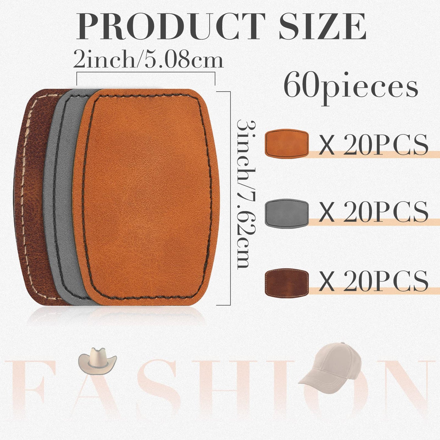 Dunzy 60 Pcs Blank Leatherette Hat Patches with Adhesive Rustic Rounded Rectangle Patch Faux Leather Patches for Hats Costumes Fabric Repair Sew Laser Supplies(Khaki, Gray, Brown,2x3inch)
