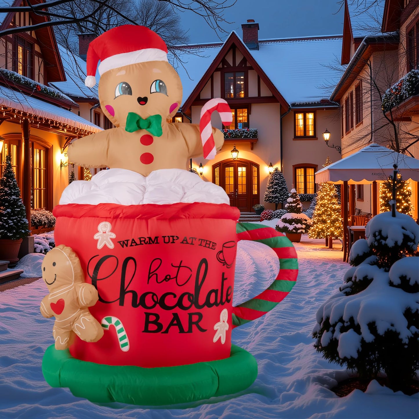 KISSUNY 6.5FT Giant Inflatable Gingerbread Man with LED Lights, All-Weather Outdoor Christmas Decoration, Hot Chocolate Mug Yard Decor