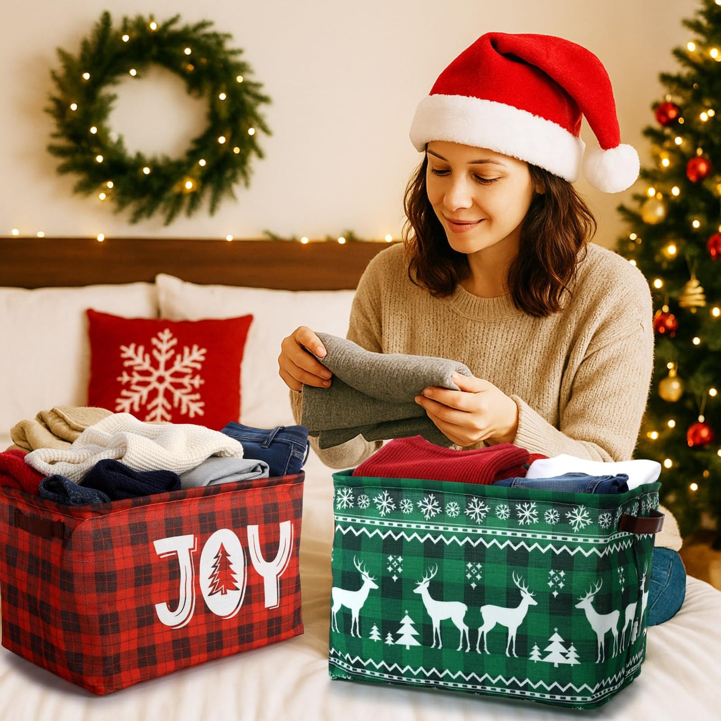 Capoda 2 Pack Christmas Storage Bin Large Collapsible Christmas Storage Baskets with Handles Canvas Green Red Plaid Organizer for Xmas Holiday Office Home Clothes Gifts Book Organization (Plaid)
