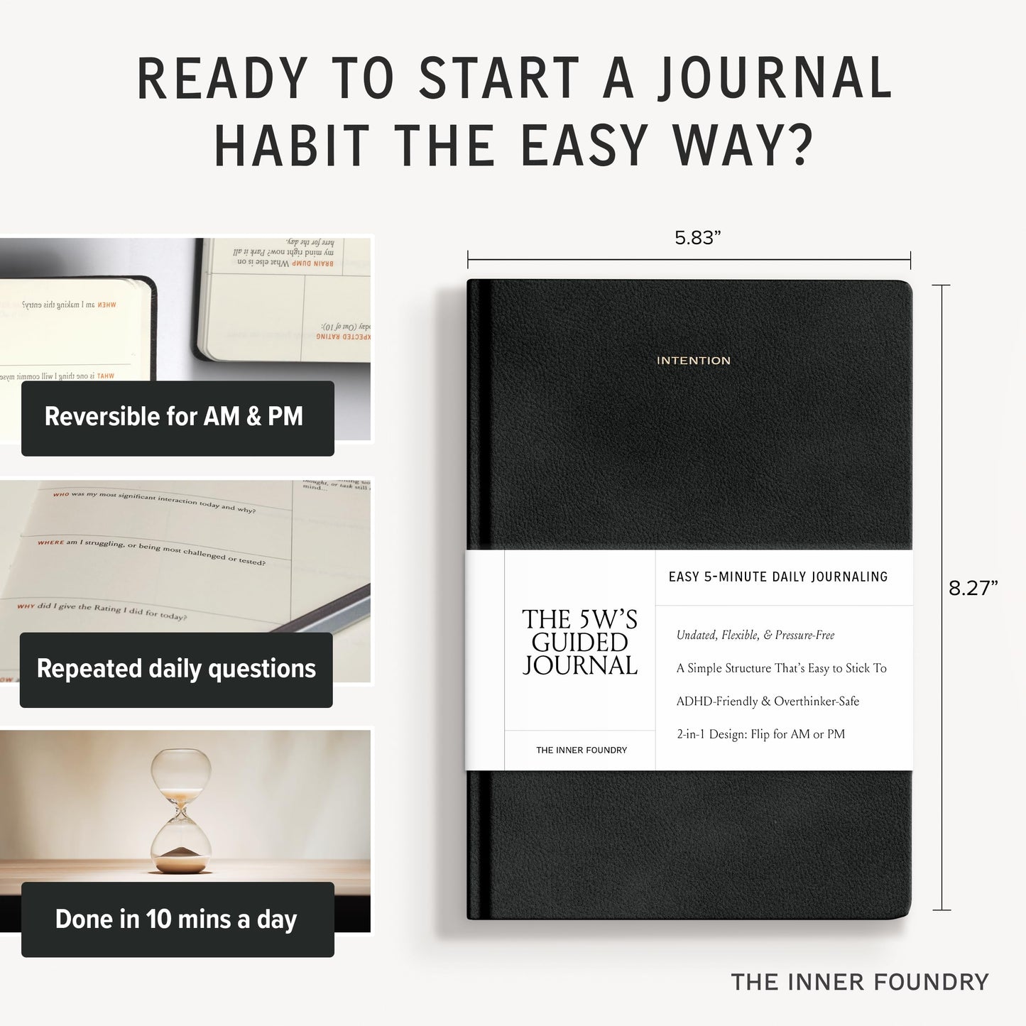 10-Minute Morning & Night Journal – Reversible AM/PM Guided Notebook for Mindfulness, Focus & Consistency – Undated Daily Journal in Black Vegan Leather | The 5W’s Guided Journal by The Inner Foundry