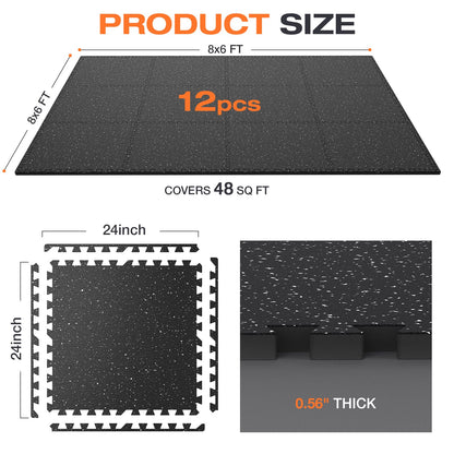 FLEXLIFT 0.56'' Thick 12 Pcs 48 Sq Ft Non-Slip Rubber Top Exercise Equipment Mats, High Density EVA Foam Mats with Rubber Top, Interlocking Puzzle Gym Flooring for Home Gym, Workout Floor Mats, Black