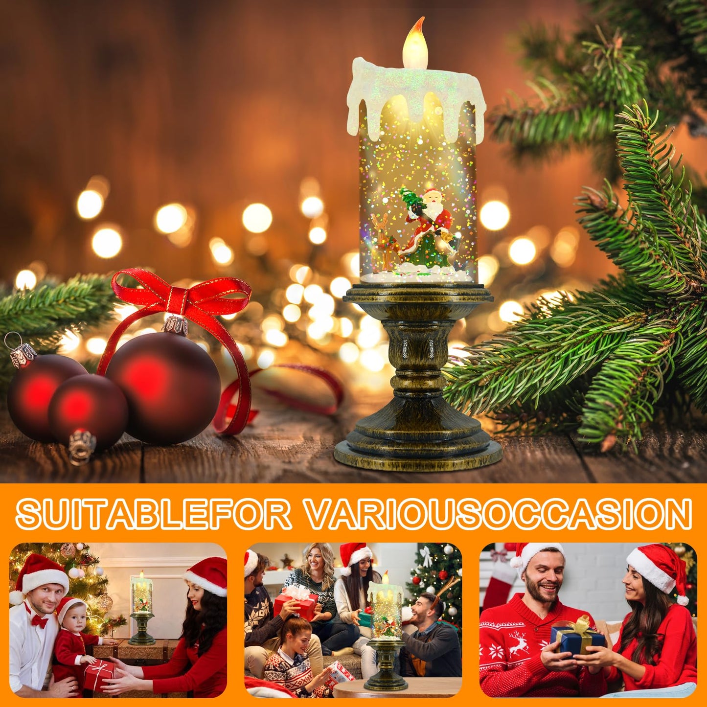 AOMIL Christmas Flameless Candles, Flickering Flameless Candles with Timer, Christmas LED Candles Battery Operated, Snow Globe Candle Light for Christmas Decorations