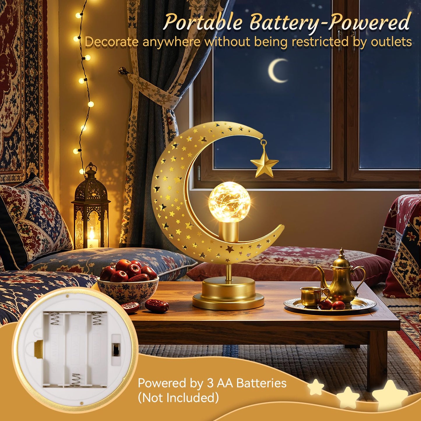 Lewondr Ramadan Moon Lamp, Crescent Moon with Star Table Lamp, Battery Powered Ramadan Desk Lamp Decorations Crescent Table Light Bedside Night Stand Desktop Living Room Home Decor, Eid Mubarak Decor