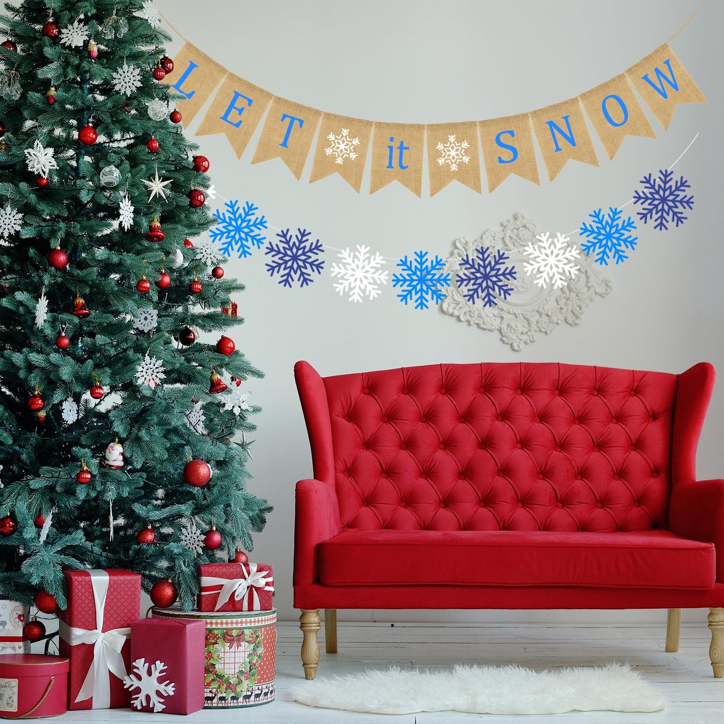 Doumeny Let It Snow Burlap Banner Winter Snowflake Garland Bunting Xmas Be Merry Bunting Banner Blue White Snowflake Party Banner Merry Christmas Hanging Banner for Holiday Home Fireplace Mantel Decor