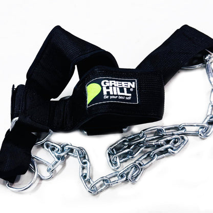 Green Hill Neck Harness for Weight Lifting – Heavy Duty Neck Trainer with Steel Chain & D-Rings, Adjustable Head Harness for Neck Strength Training, Wrestling, Boxing, MMA & Football Neck Workout Equipment