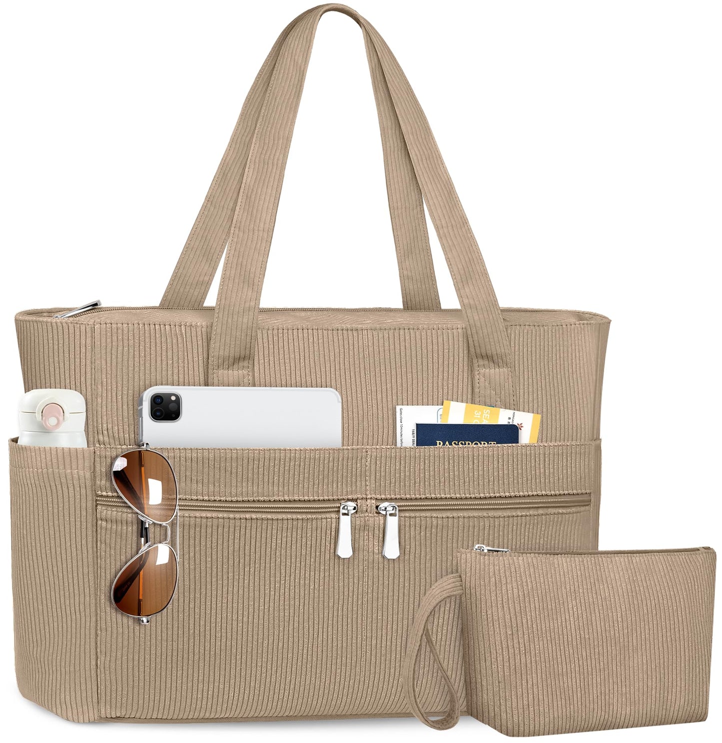 ZENTREON Laptop Tote Bags for Women Large Corduroy Tote Work Bags Lightweight Teacher Nurse Bible Bag for Work School Travel | with 12 Pockets, Zipper Handbag Bag, College Shoulder Bags