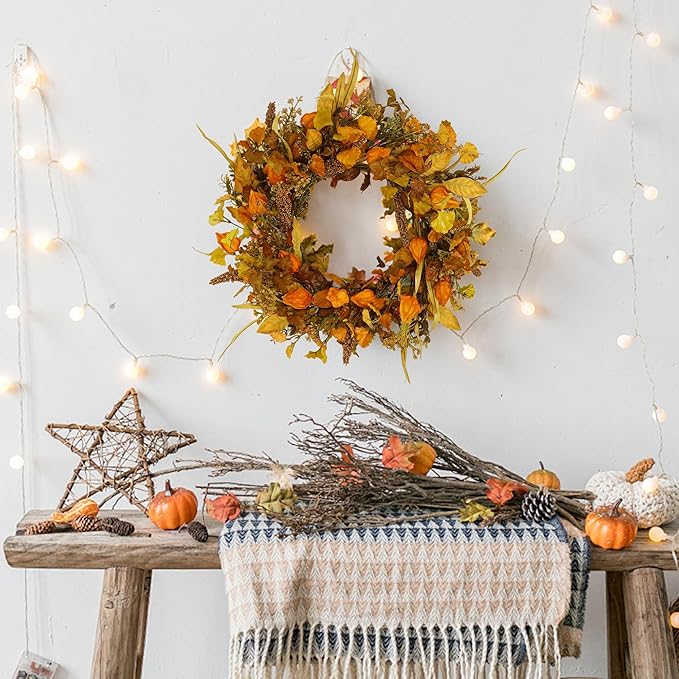 YNYLCHMX 18" Fall Wreaths for Front Door, Artificial Autumn Wreath with Cape Gooseberry and Ginkgo Leaves for Home Porch Window Wall Farmhouse Decor, Indoor Outdoor, Holiday Decor