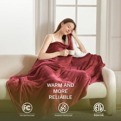 Heat Blanket 50”x60” Throw,Soft Flannel & Sherpa Reversible Electric Blanket with 10 Heat Settings,12 Timer Setting and 3 Hours Auto-Shut Off,ETL Certified Machine Washable,Light Brown