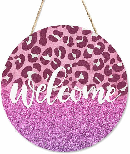 Welcome Sign Rustic Round Sign Front Door Wreaths Pink Leopard Print for Outdoor Indoor Wall Hanging Decorations 12x12in