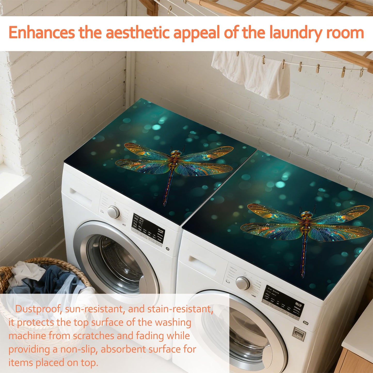 Fantasy Green Dragonfly Washer and Dryer Covers for the Top,Washing Machine Dust Cover Pad Anti-slip Absorbent Protector Mat for Washer Dryer Home Decor,23.6"x19.7"