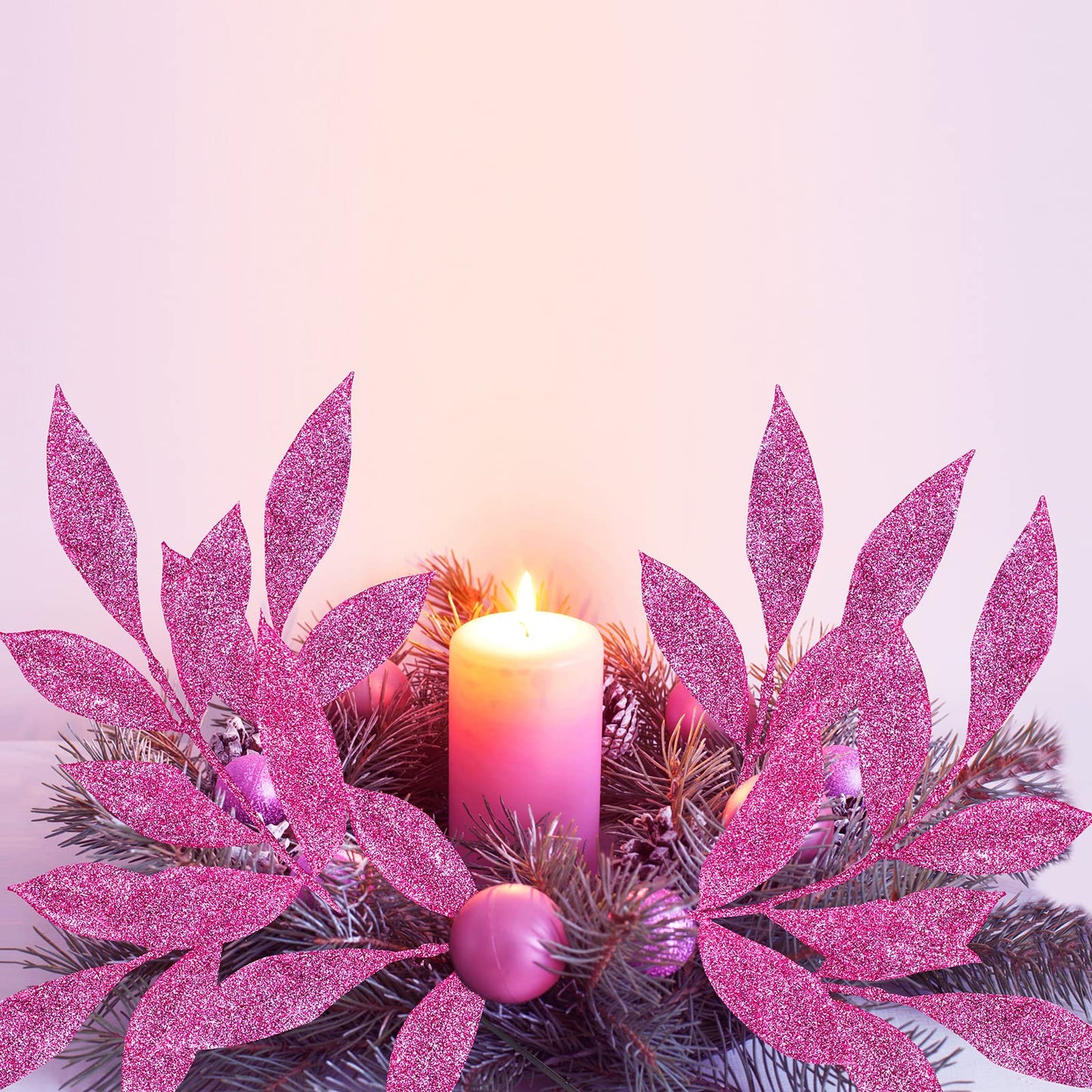Winlyn 20 Pcs Pink Glitter Bay Leaf Sprays Artificial Christmas Tree Picks Sprays 12.7" Tall for Pink Christmas Tree Wreath Swag Floral Arrangement Winter Wedding Bouquet Centerpiece Decoration