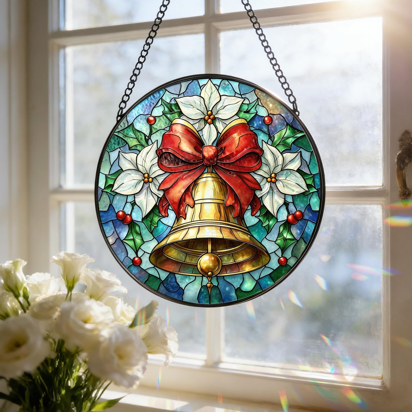 Stained Glass Window Hanging, 7.8 Inch Christmas Bell Suncatcher, Sun Catchers for Window Ornament, Festive Holiday Window Decor, Gifts for Christmas, New Year, Thanksgiving, Housewarming