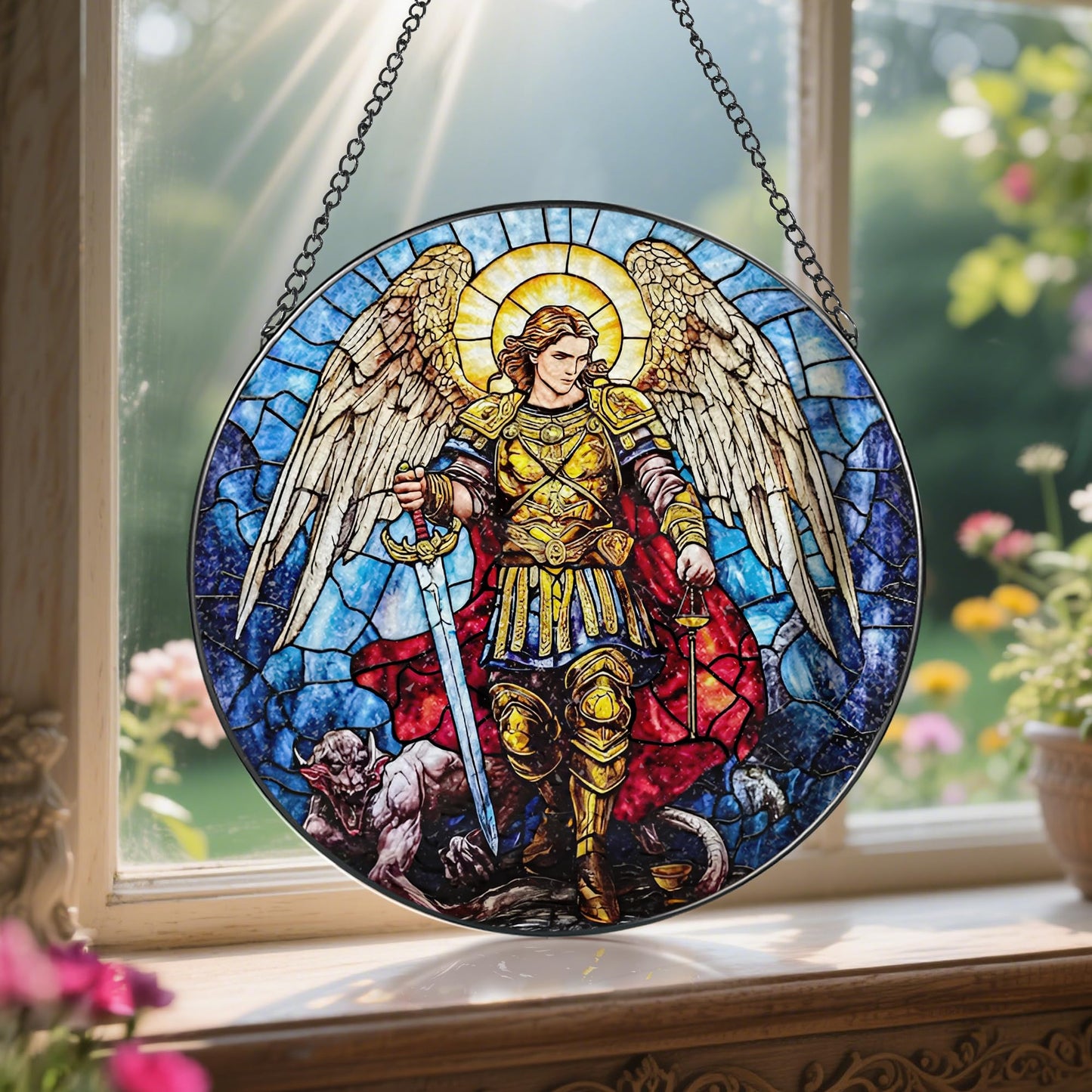 Stained Glass Suncatcher, Archangel Michael Sun Catcher Ornament; Stained Glass Window Hanging, Spiritual Protection Decor, Christmas Ornament; Christian Gifts, Religious Gifts