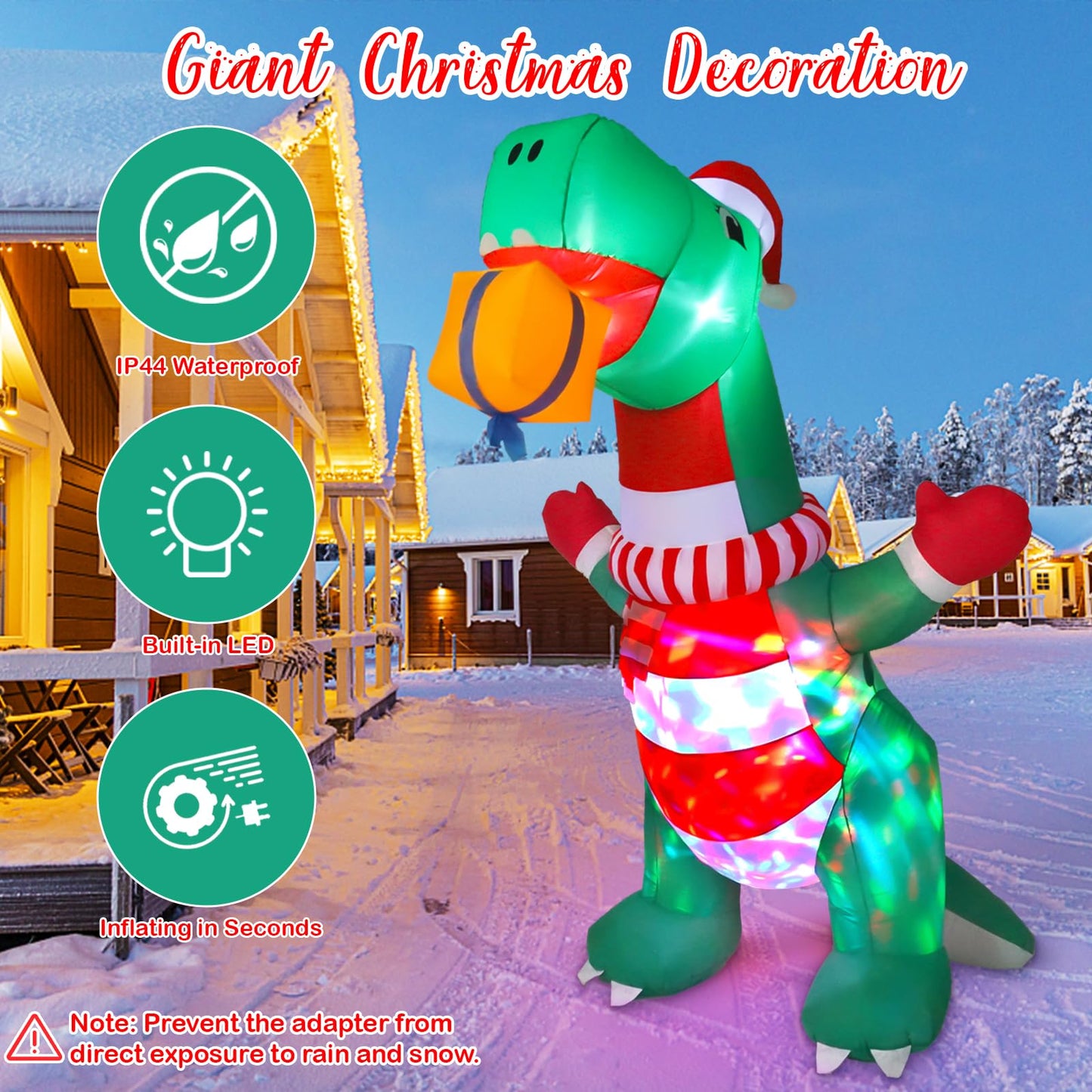 8FT Christmas Inflatables Outdoor Decorations, Blow Up Yard Dinosaur Decoration with Christmas Hat & Gift Box, Built-in LED Lights for Holiday Garden Patio Lawn Party, for Him, Her