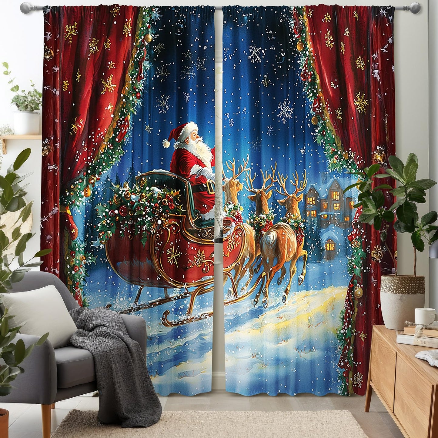 Fanfanwin Christmas Window Curtains 52" w x 84" l Santa Reindeer Curtain Farmhouse Xmas Santa Claus Sleigh Decorative Window Drapes for Holiday Living Room Bathroom Home Decoration