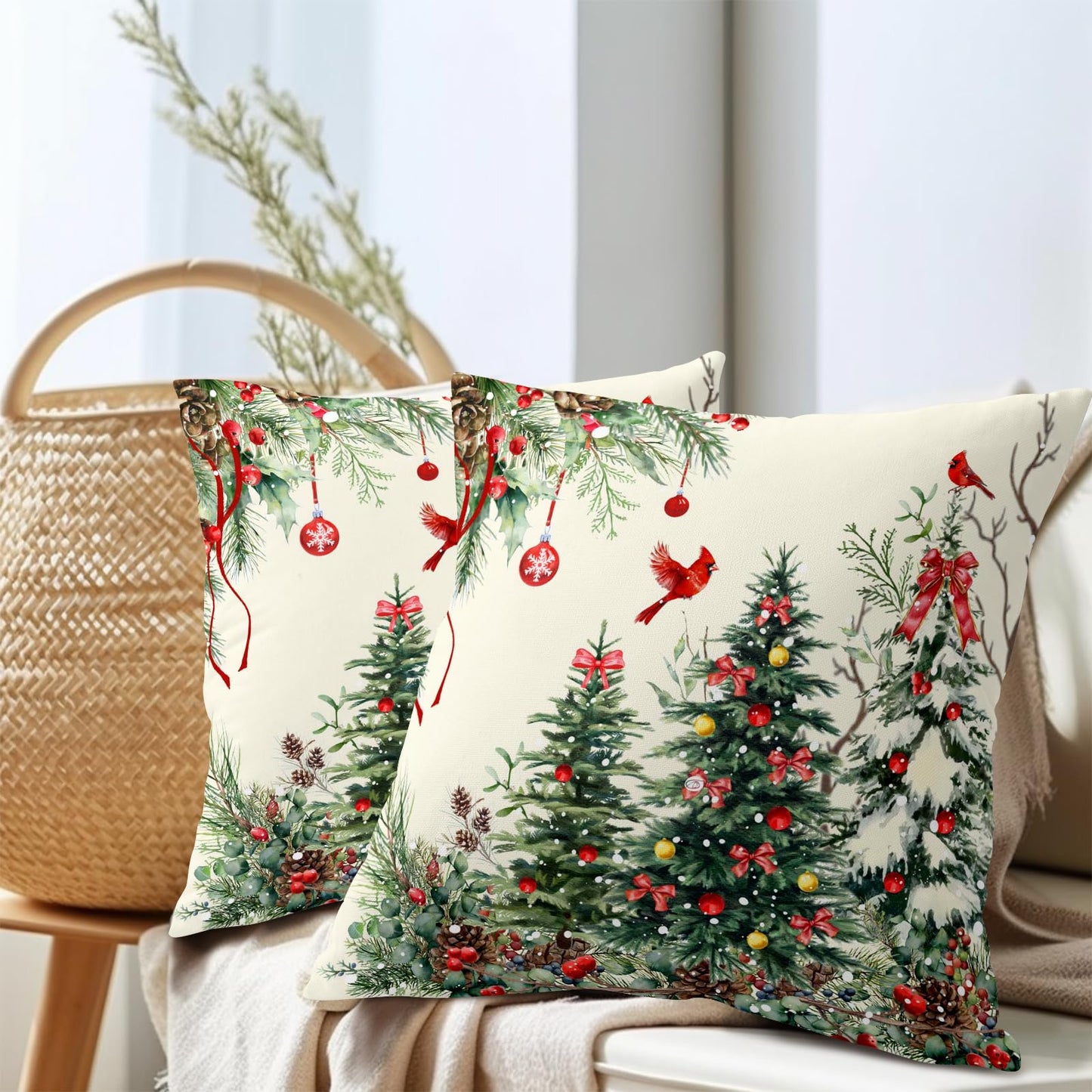 Christmas Pillow Covers 24x24 Inch Set of 2 Rustic Christmas Tree Decorative Outdoor Throw Pillows Winter Green Square Cotton Linen Cushion Case for Sofa Bed Couch Indoor Home Christmas Decor