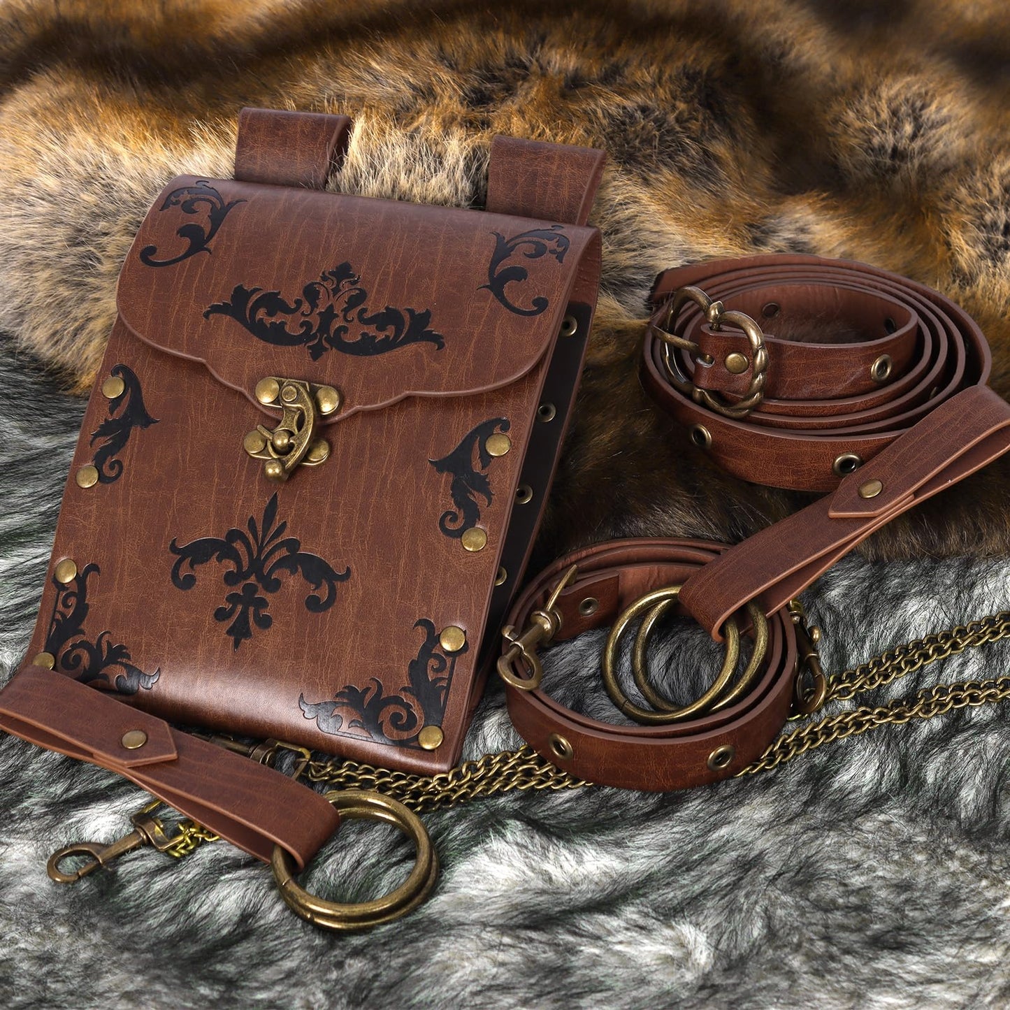 TobWeaL Renaissance Pirate Chain Belt Pouch Set - Medieval Viking Skirt Hike Faux Leather Waist Bag Costume Accessories for Cosplay (Brown)