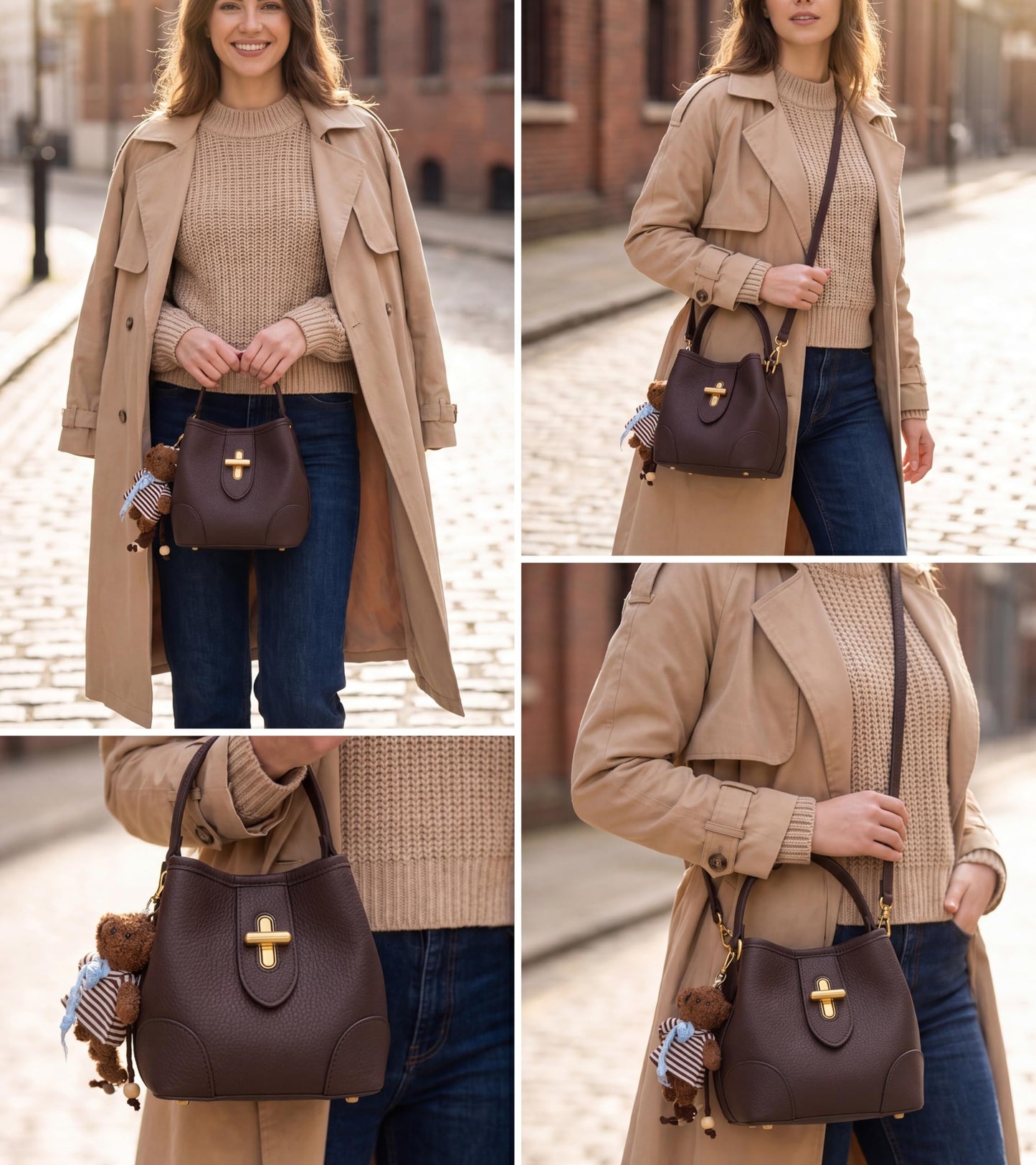 COC.EFRENAR Women's Mini Top Handle Bag, Vegan Leather Crossbody Shoulder Purse with Cute Bear Charm & Scarf, Small Bucket Handbag with Adjustable Strap