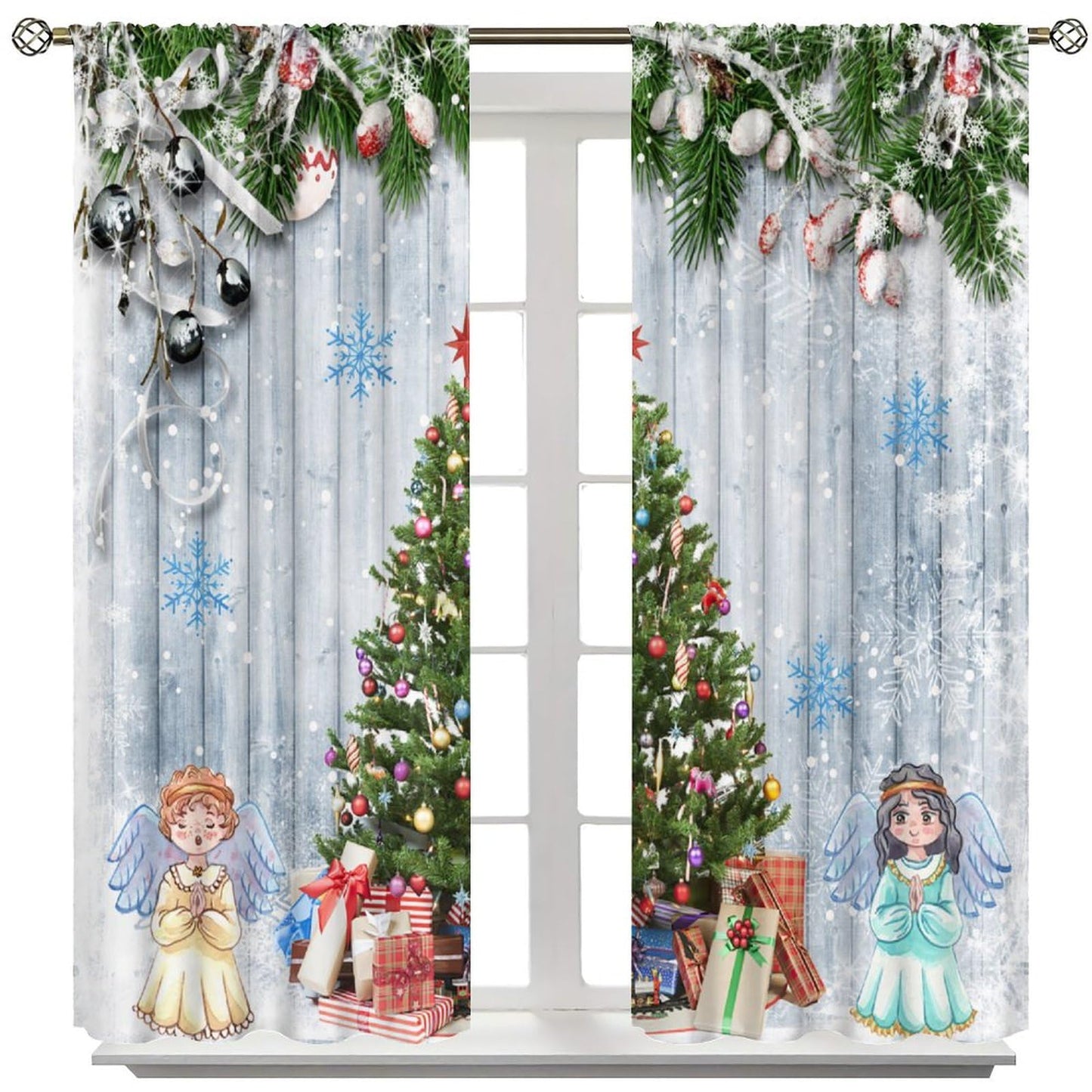 FengMingRui Kids Christmas Curtain for Bedroom Angel Pine Tree Christmas Tree Pine Leaves Winter Holiday Christmas Decor Window Drapes 52" W X 84" L