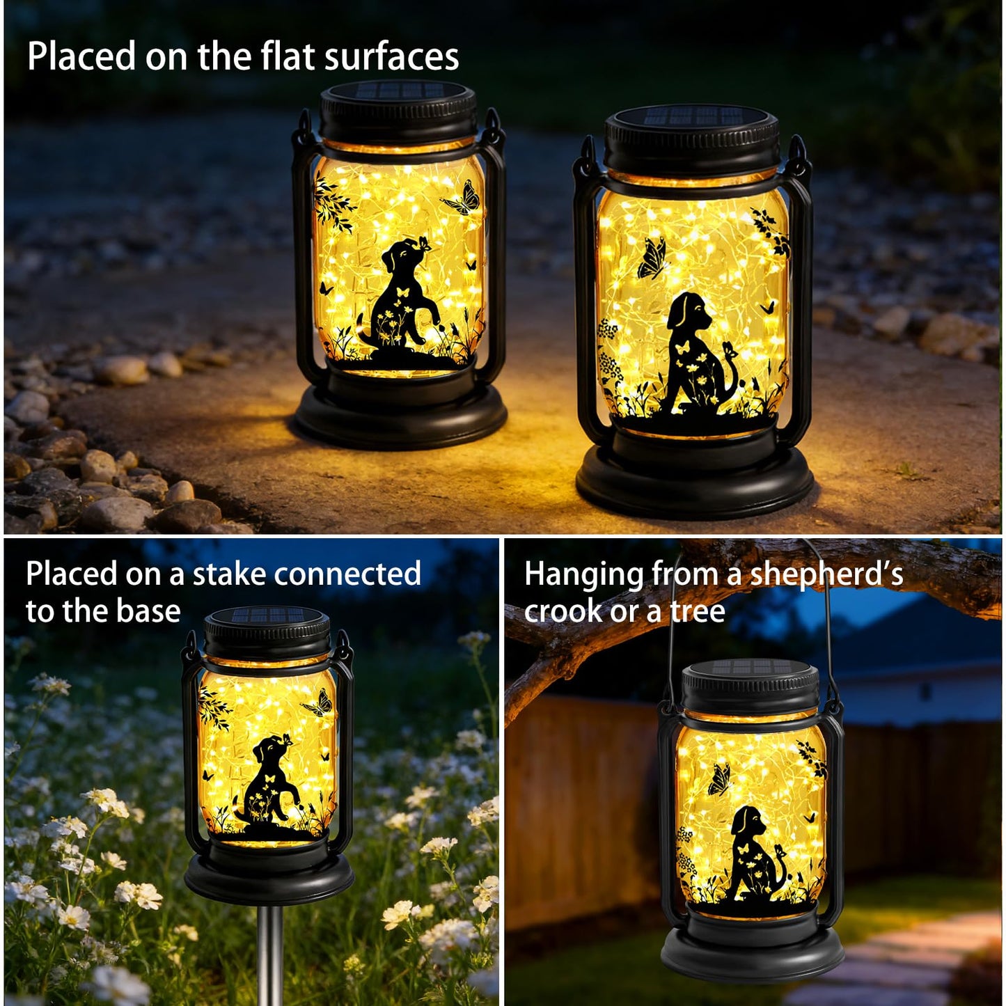 2 Pack Dog Solar Lanterns, Outdoor Hanging 3in1 Solar Lantern with Stake, Birthday Gifts for Mom, Grandma, Women Dog Lover, Dog Butterfly Mason Jar Waterproof LED Lights for Yard Lawn Garden Decor