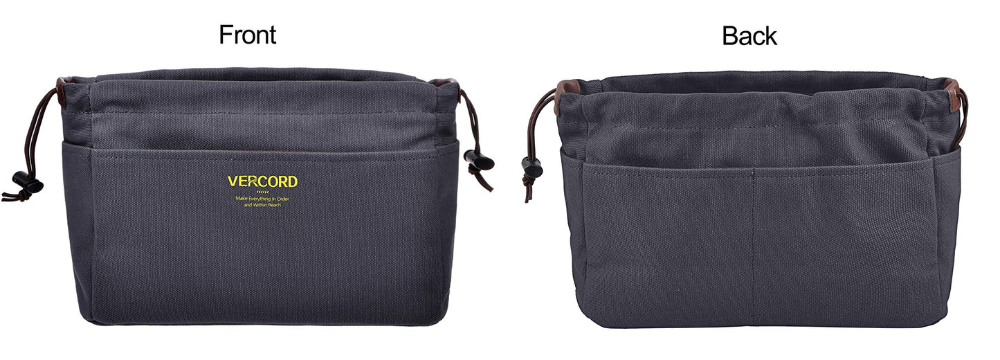 Vercord Canvas Handbag Organizers, Sturdy Purse Insert Organizer Bag in Bag, 10 Pockets Grey Large