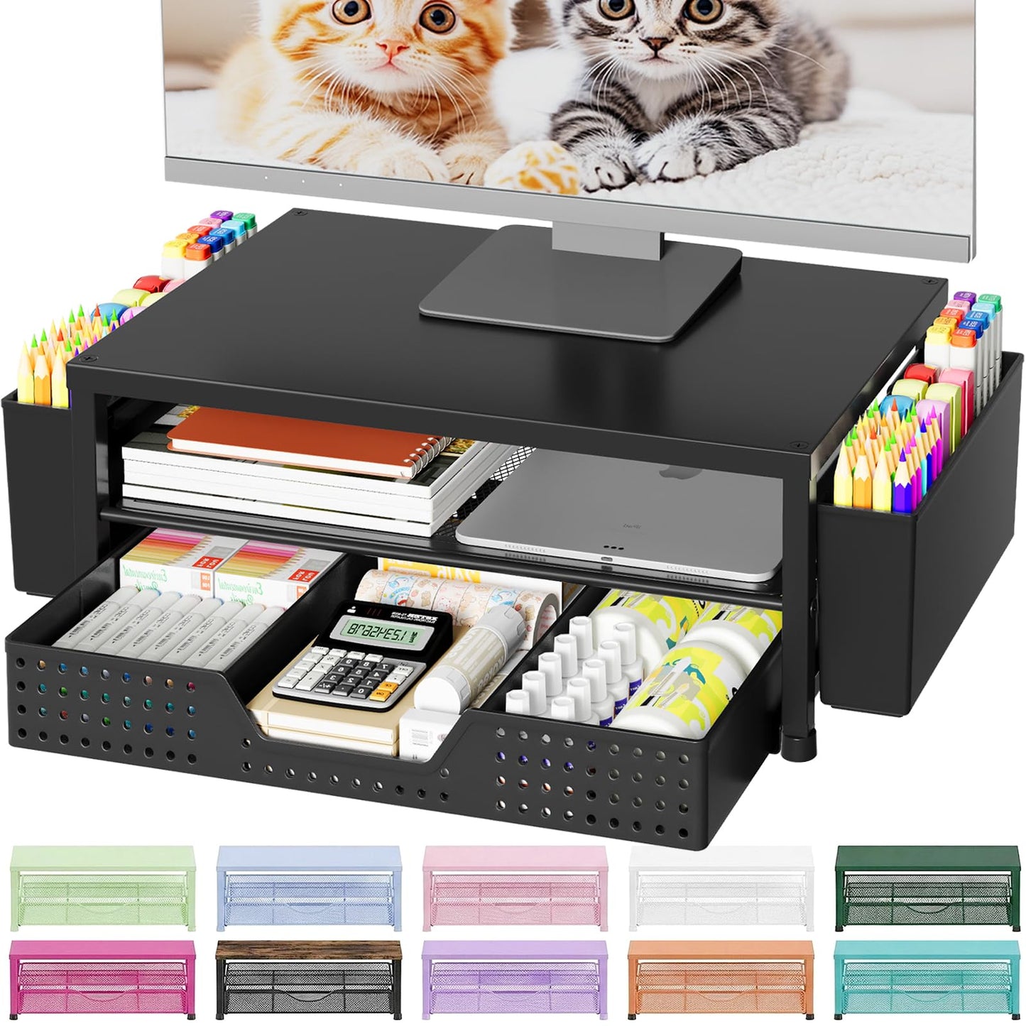 OPNICE Desk Organizers and Accessories, Computer Monitor Stand Riser with Drawer and 2 Pen Holders, Laptop Stand, Office Desk Accessories & Workspace Organizers for Home Office Supplies, Black