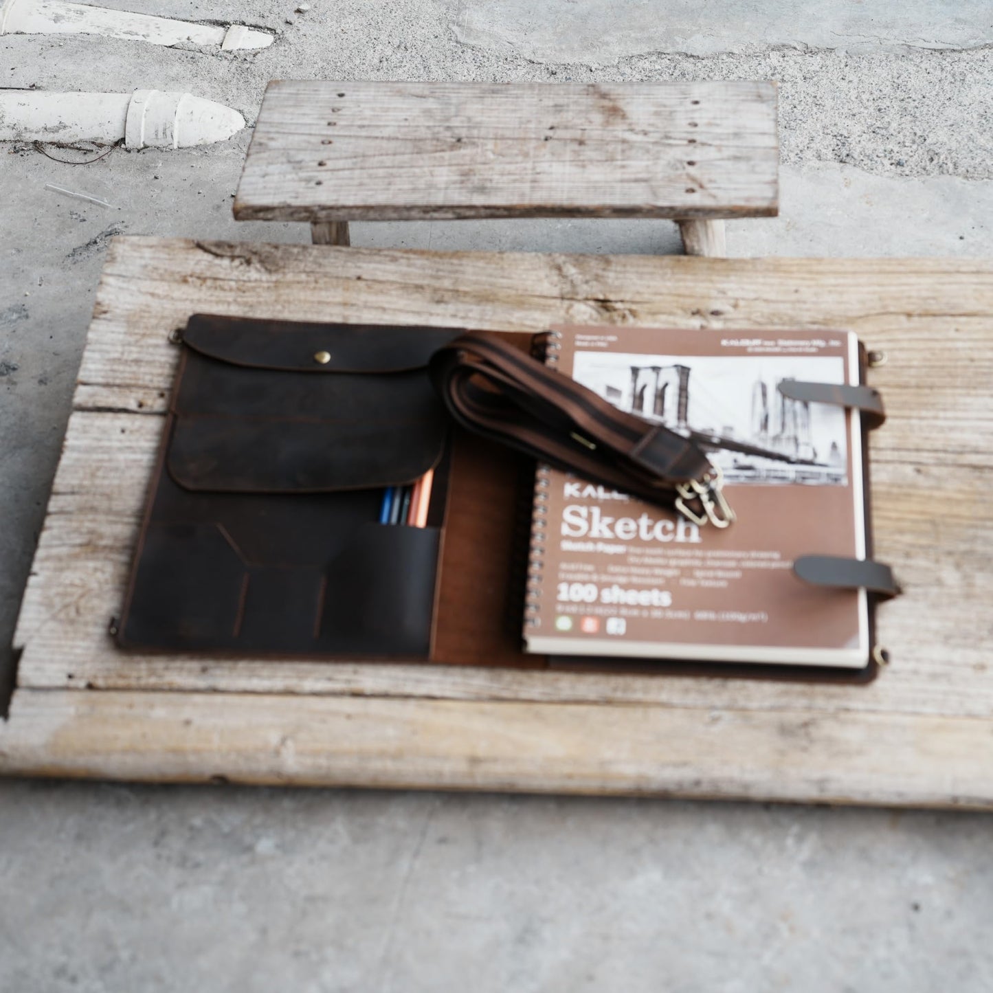 Handmade Leather Sketchbook Cover, Leather Artist Sketch Pad Cover for 9" x 12" Sketchbook, Drawing Book and Pencil Case, Journal Notebook Portfolio, Artis Drawing Gifts (darkbrown)
