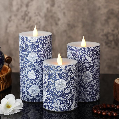Baquler 3 Pcs Chinoiserie Flameless Pillar Candles Blue and White Floral Candles Battery Operated Decorative Porcelain LED Candlestick for Home Wedding Table Party Decoration