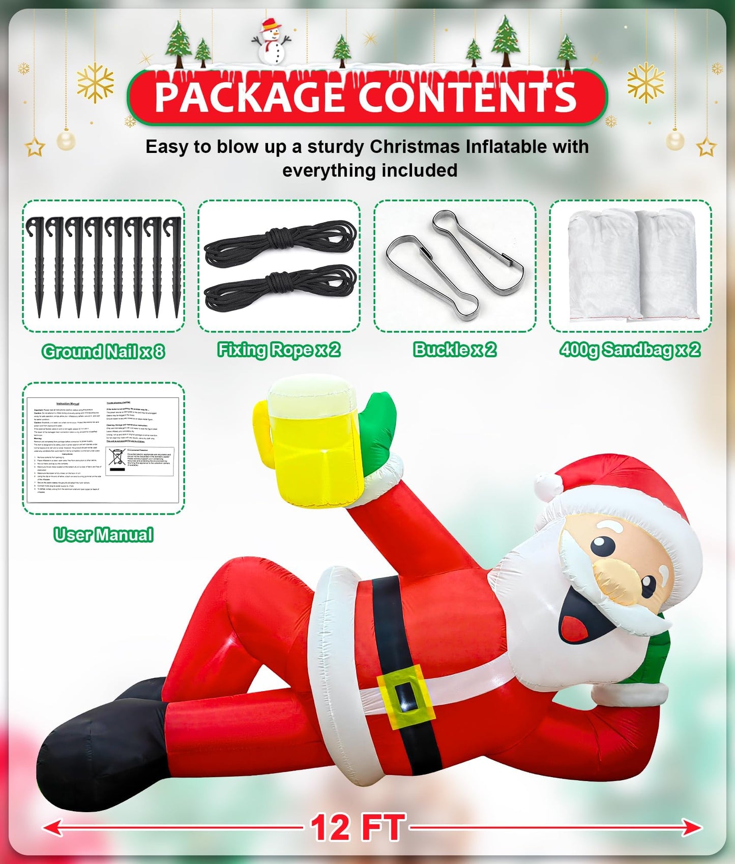 EAONE 12FT Christmas Inflatable Outdoor Decoration, Christmas Blow Ups Yard Decorations Giant Inflatable Santa Claus Lying Flat with Built-in LED Lights for Yard, Garden, Lawn, Home Xmas Holiday Decor