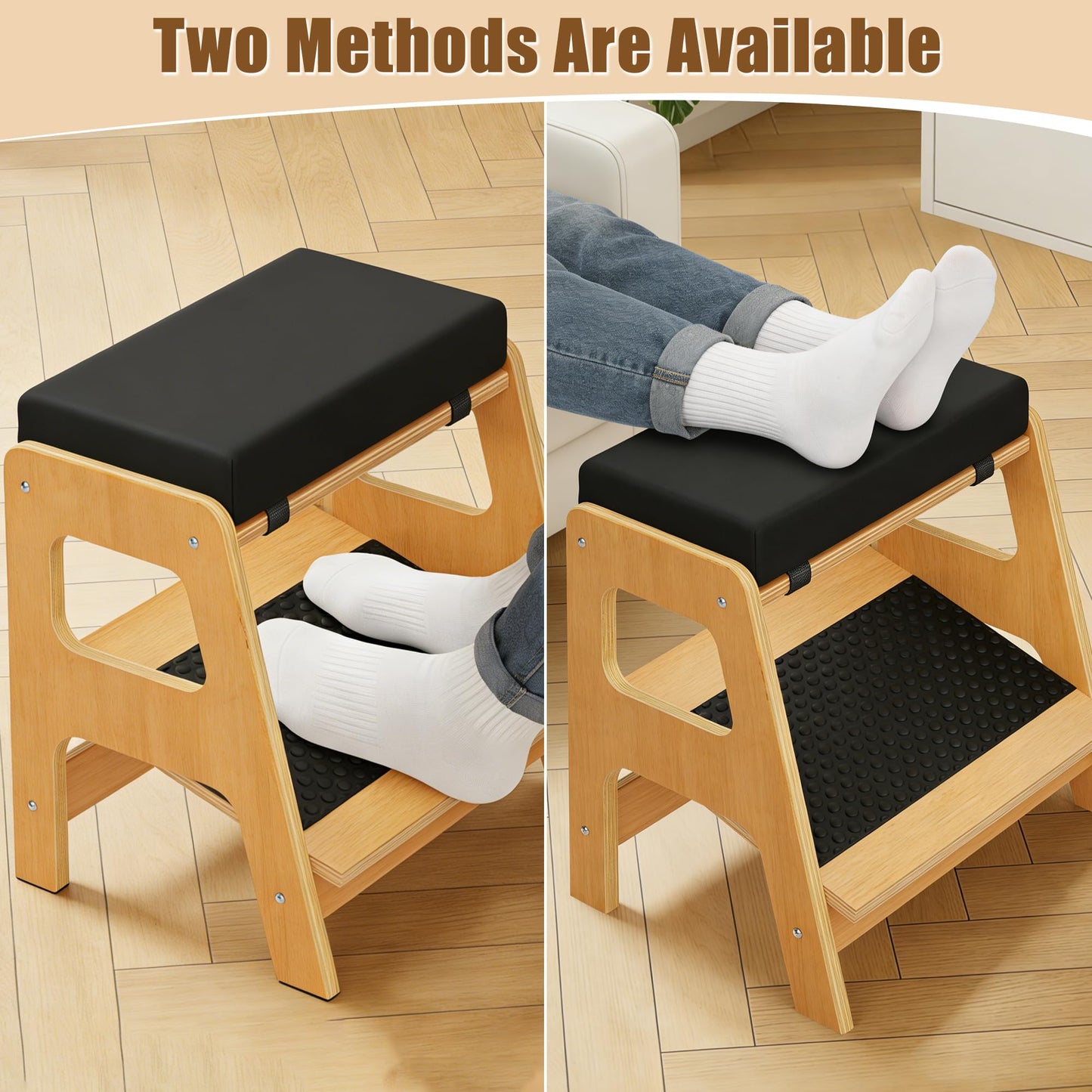 WWMFS Adjustable Wooden Foot Rest, Double Step Footstool with 3 Height Levels, Cushioned Top & Non-Slip Base, Ergonomic Under Desk Leg Rest for Office Home
