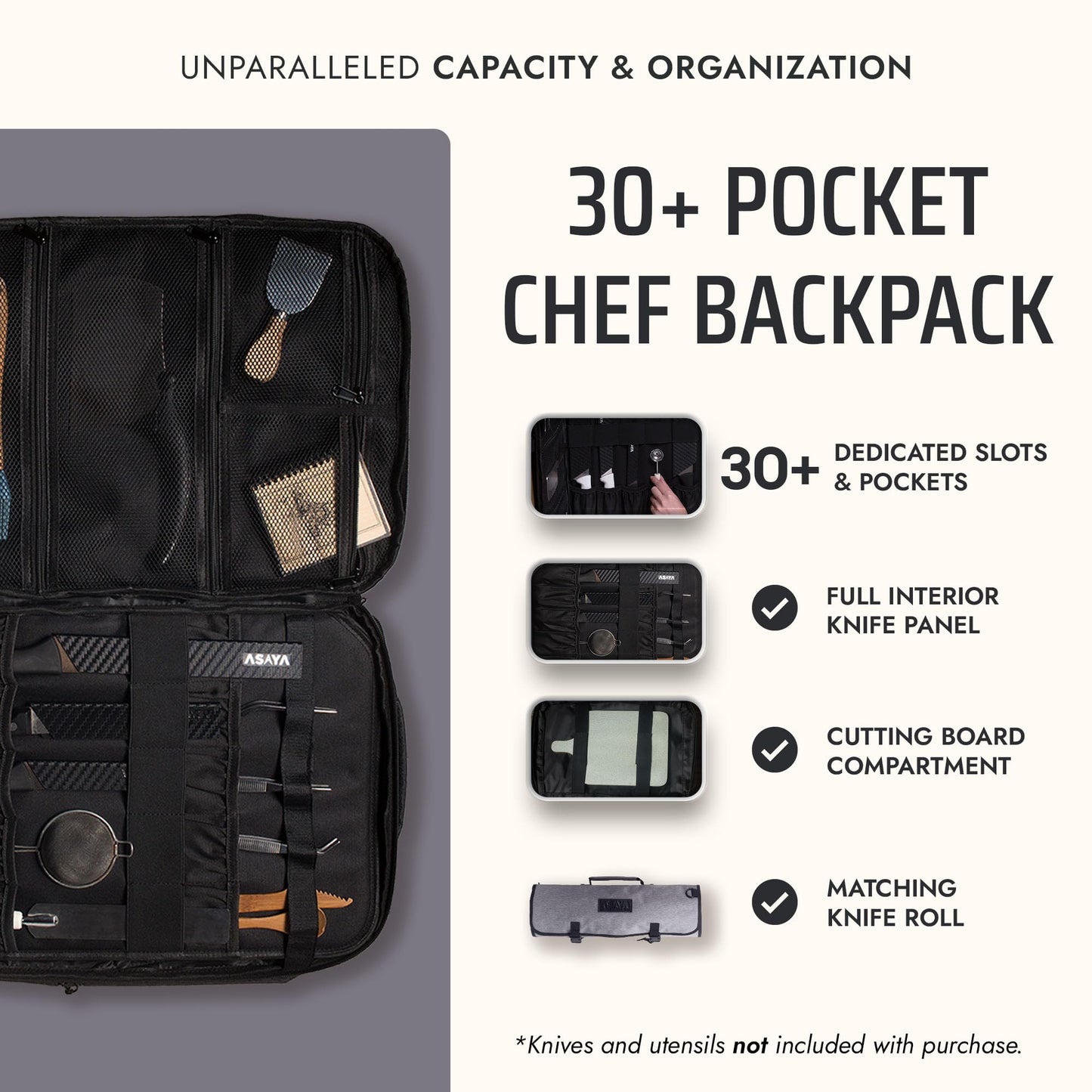 Asaya Chef Knife Backpack with 20-Pocket Knife Roll Bag - Over 30 Storage Pockets Chef Bag, Professional Backpack for Chefs and Culinary Students – Knives Not Included (Grey)
